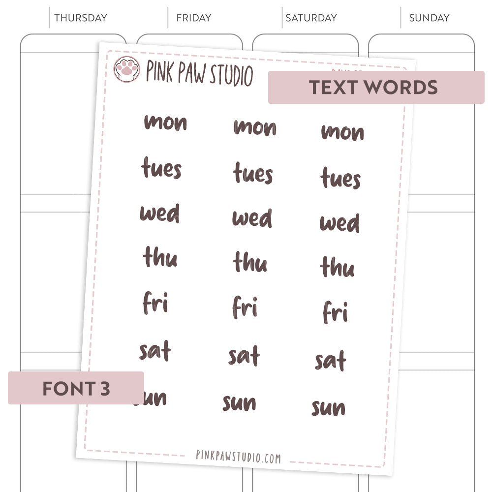 Text words: Abbreviated DAYS OF THE WEEK