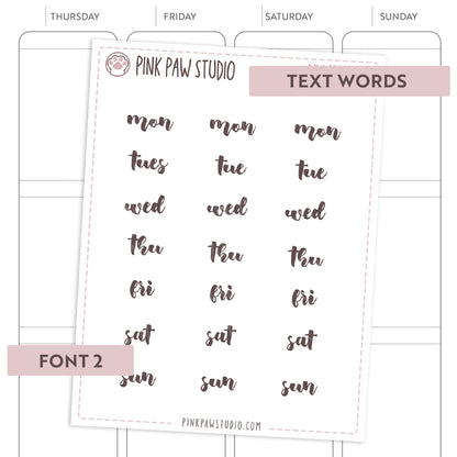 Text words: Abbreviated DAYS OF THE WEEK