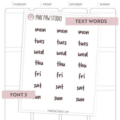 Text words: Abbreviated DAYS OF THE WEEK